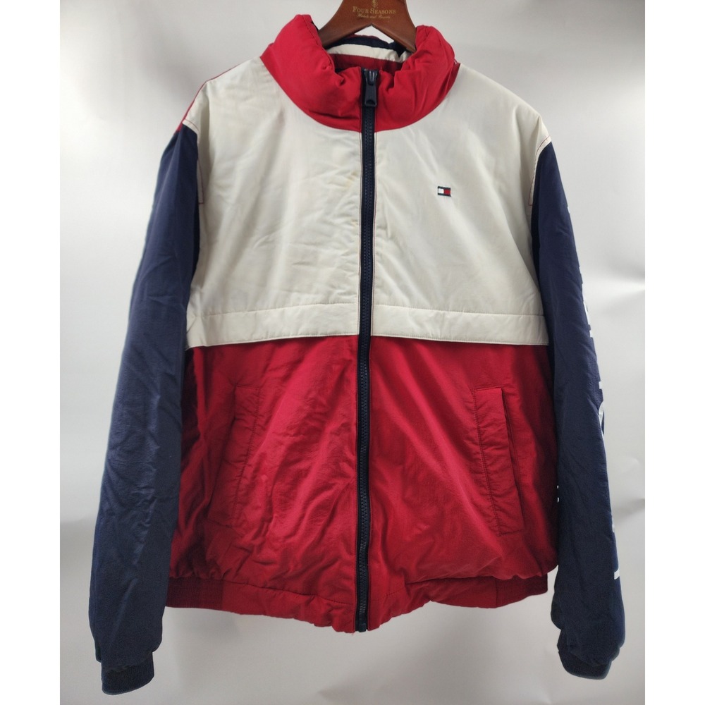 Tommy Hilfiger Mens XL Colorblock Puffer Jacket Red White Navy Blue Full Zip